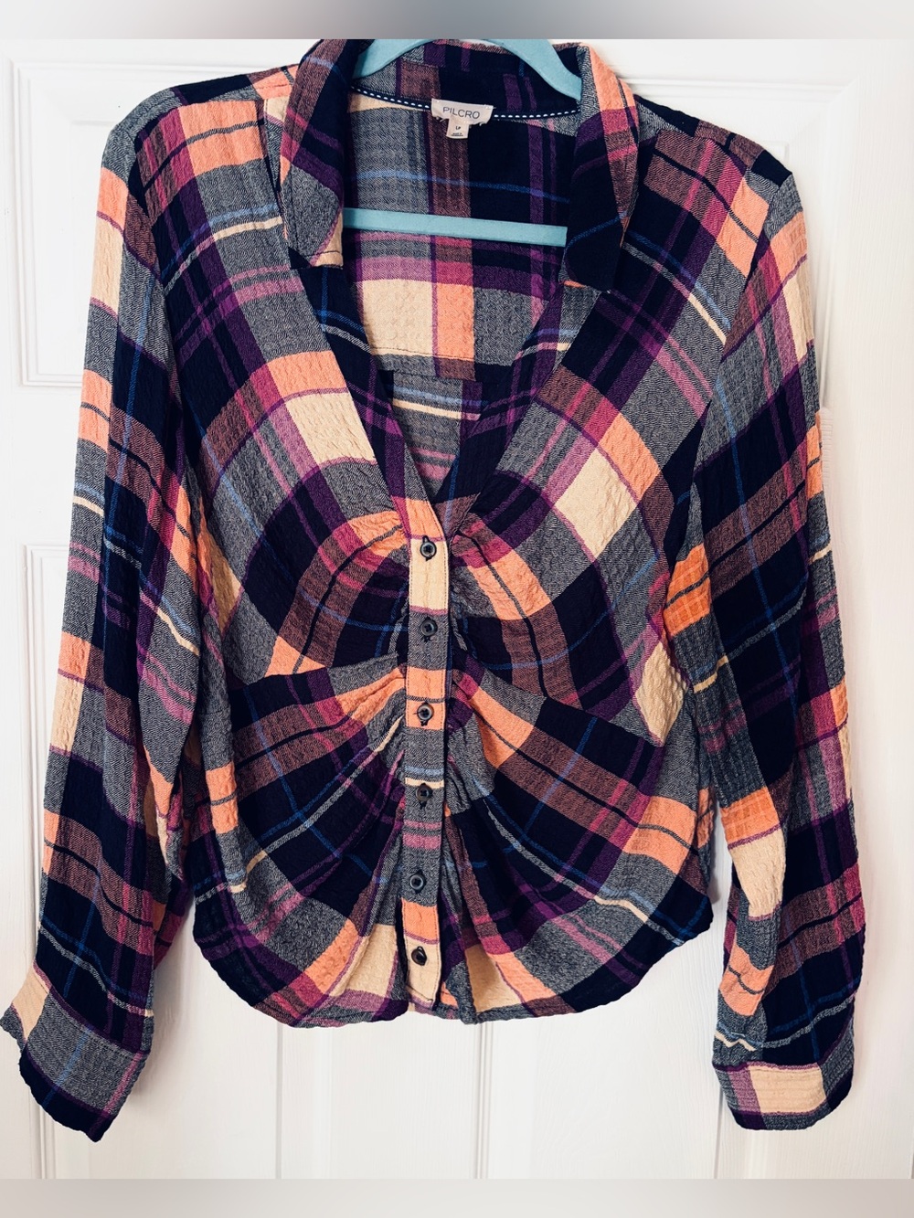 PILCRO gathered Pink & Black Plaid Button-Front Flannel Feel Top